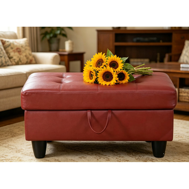 Faux Leather Ottoman, Red Faux Leather