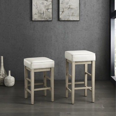 Counter Height Stools ( Of 2), White Faux Leather Seat, Solid Wood Frame, 15.5" Seat Depth 24-Inch Seating 2, Leather, 250Lbs Capacity