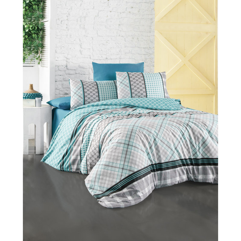 Ensemble de housse de couette très grand élégant, 100% coton Ranforce, 94,5 po x 86,6 po | Comprend 2 taies d'oreiller de 23,6 po x 23,6 po | 142 fils, fermeture à boutons | Lavable à la machine, design élégant vert, blanc, gris et noir