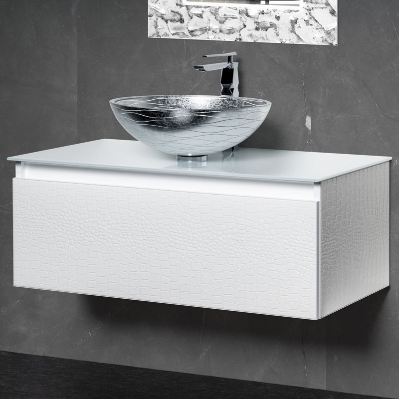 Single Bathroom Vanity with Top, White Crocodile, 35", White Tempered Glass