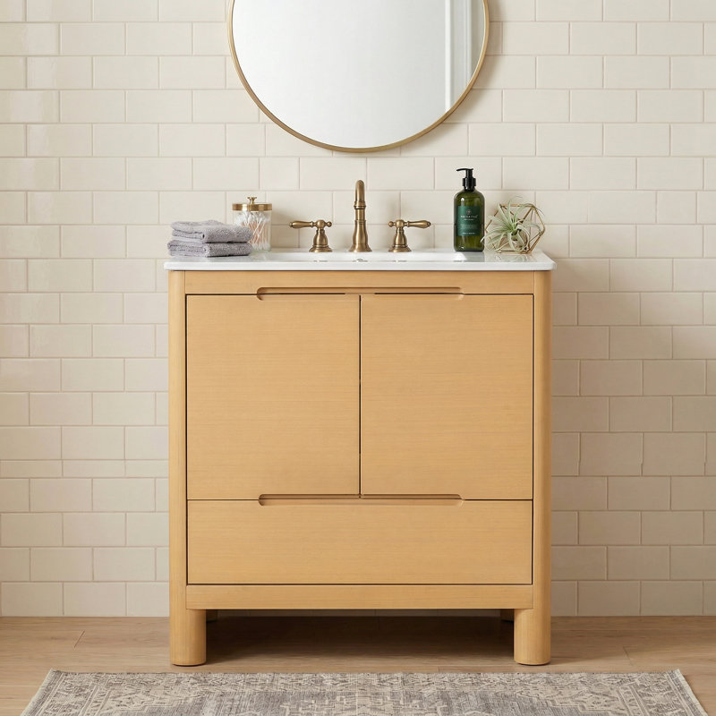 Meuble-lavabo minimaliste 30 po avec lavabo en céramique, structure en bois de pin massif, quincaillerie à fermeture en douceur, tablette réglable, conception sans poignée