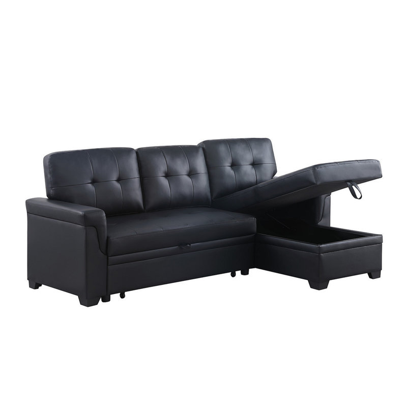 Jardin 84"W Black Vegan Leather Modern Reversible Sleeper Sectional Sofa With Storage Chaise, Black Faux Leather