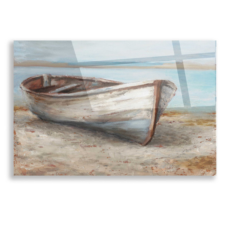 «Whitewashed Boat I» par Ethan Harper, art mural en verre acrylique, H 12 po x l 16 po x P 0,12 po