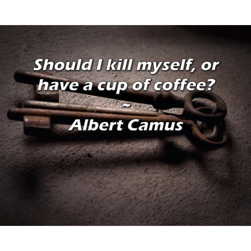 Citation artistique «Devrais-je me suicider ou prendre une tasse de café? Toile tendue par Albert Camus, H 18 po x l 13 po