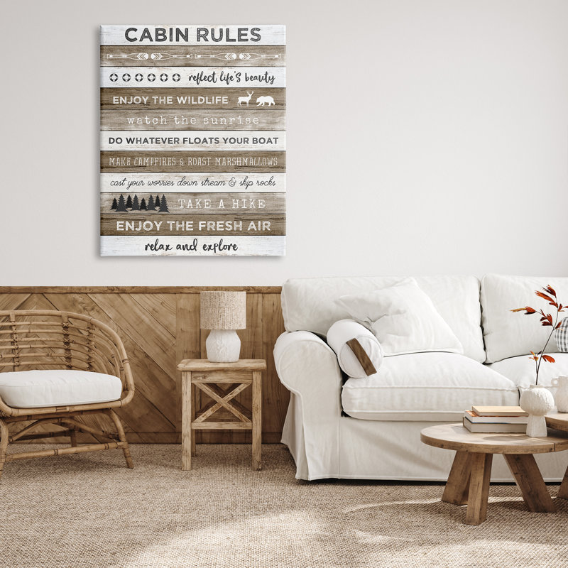 «Cabin Rules Motivational List Rustic Forest Plank» par Natalie Carpentieri - art textuel sur toile tendue, H 48 po x l 36 po