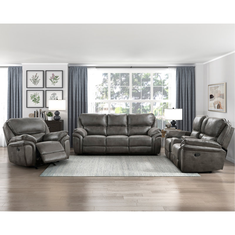 Ensemble de 3 fauteuils inclinables modernes, revêtement en microfibre grise, structure en bois massif et contreplaqué, mécanisme d'inclinaison à tirette, console de rangement centrale, fauteuil à bascule, supporte jusqu'à 136 kg par siège, rembourrage en mousse, bascule douce.