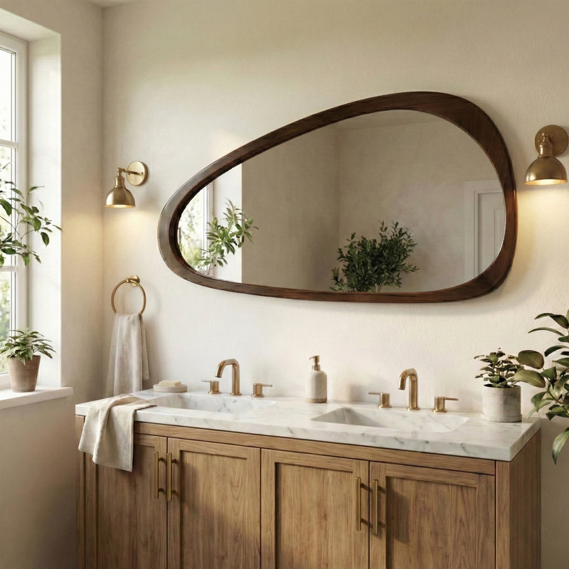 Solid Wood Irregular Wall Mirror Accent Mirror for Entryway Bedroom, Deep Walnut, 48" x 24"