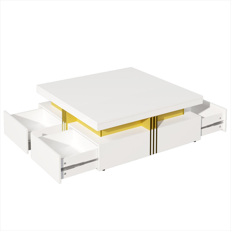 Table basse carrée avec tiroirs de rangement en panneau de fibres à densité moyenne, blanc éclatant, table de salon de 43,3 pouces de largeur