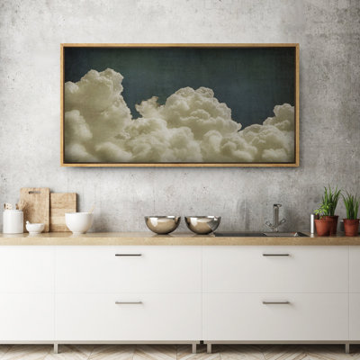 Green Navy Blue Pastel Clouds Abstract Landscapes Vintage Moody Minimalist Wall Decor Artwork 1 - Floater Frame Print on Canvas