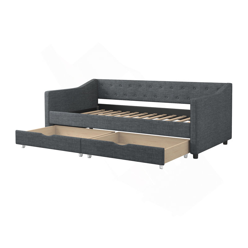 Twin Size Daybed with Drawers Upholstered Tufted Sofa Bed, with Button on Back and Piping on Waved Shape Arms-Dark Grey, Twin