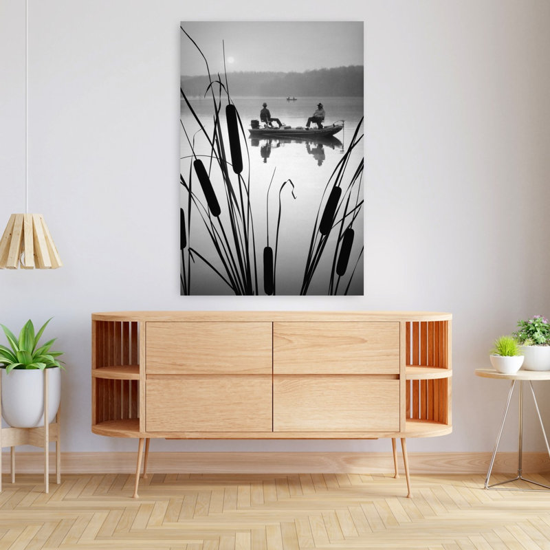1980S Two Anonymous Silhouetted Men In Bass Fishing Boat On Calm Water Lake Cattails In Foreground Classic Retro Vintage Fish Wall Art