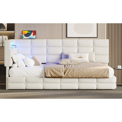 Upholstered Twin Size Daybed With Storage 2 Drawers And Charging Station, Day Bed Frame With LED Lights And Storage Headboard, No Box-Spring Needed, Beige