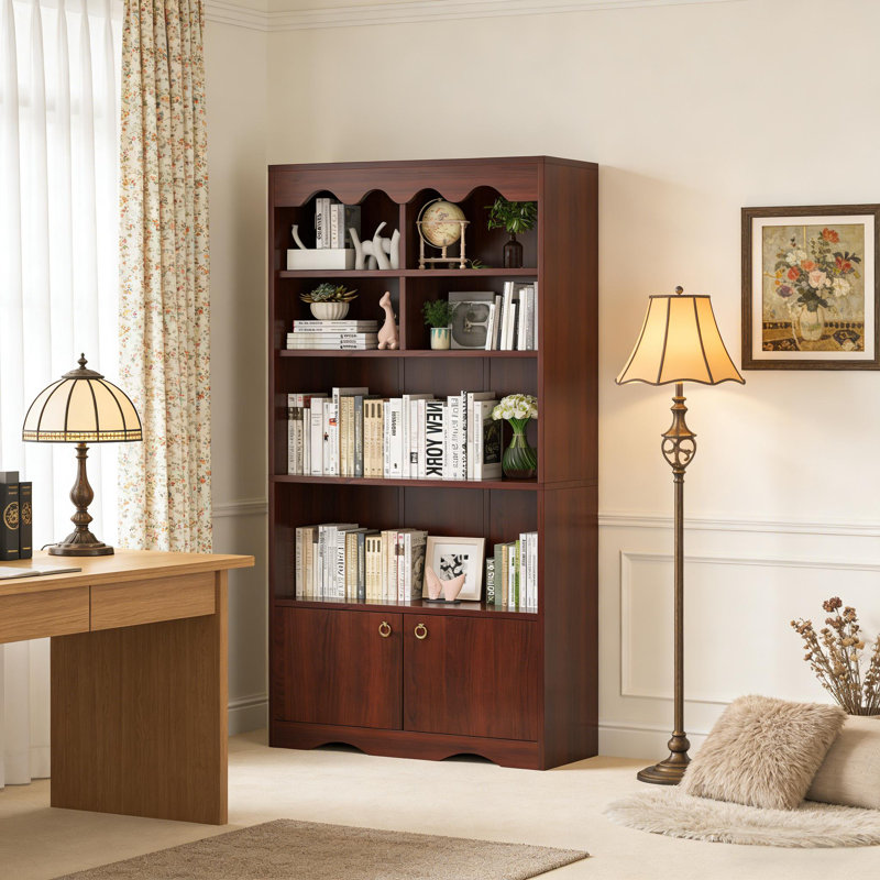 Bibliothèque 63 po à 5 compartiments avec porte entrouverte pour le salon, la chambre à coucher, Brun