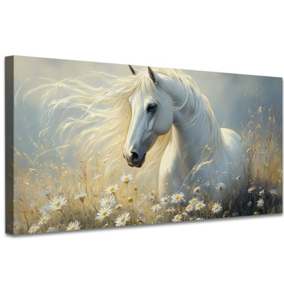 Large Elegant Horse Wall Art - Majestic Horse Canvas Wall Decor For Bedroom, White Horse Artwork With Serene Meadow Scenery For Living Room, Framed Wrapped Canvas Print, 30×60 Inches