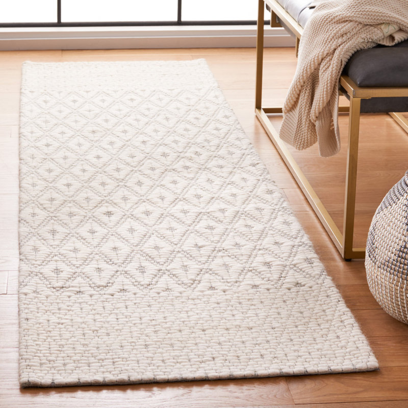 Congleton Hand Woven Wool/Cotton Geometric Rug in Ivory/Black, Runner 2'3" x 8'
