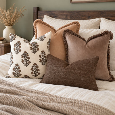 Ensemble de housses de coussin lombaires en velours neutre à franges, imprimé floral et tissu tissé