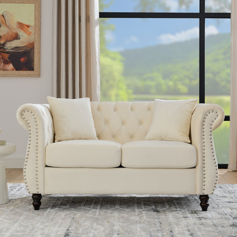 58.8" Chesterfield Sofa Beige Velvet For Living Room, 2 Seater Sofa Tufted Couch With Rolled Arms And Nailhead For Living Room, Bedroom, Office, Apartment, Two Pillowsw834s00070