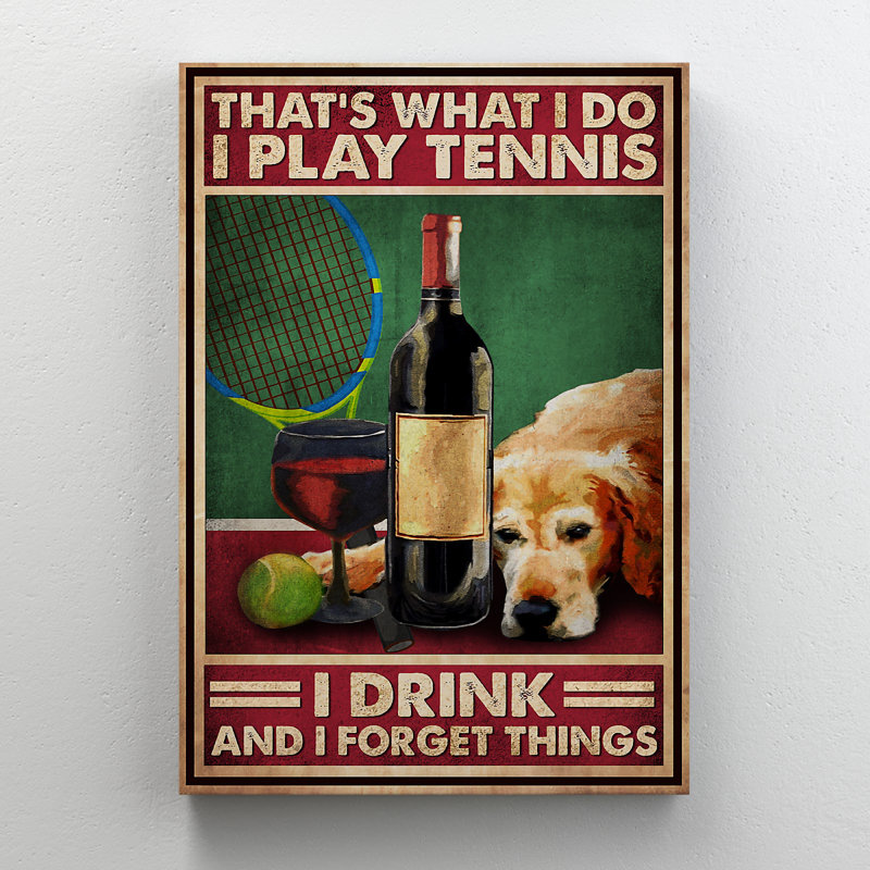 Chien avec tennis et vin, L 24 po x H 36 po x P 1,25 po