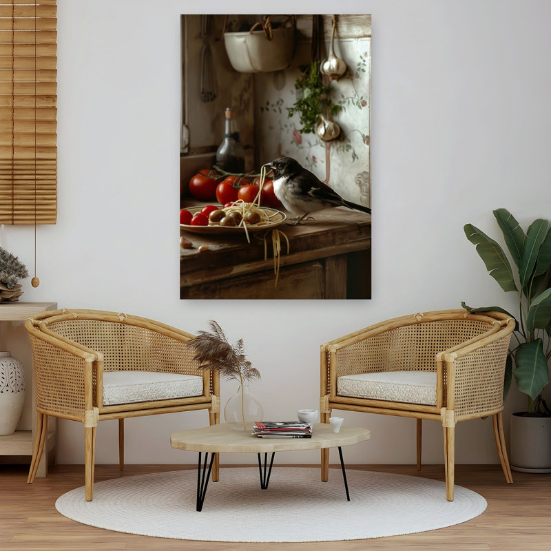 Bird Stealing Spaghetti Playful Rustic Vintage Bird Nature Wall Art Print, 152.4cm H x 101.6cm W