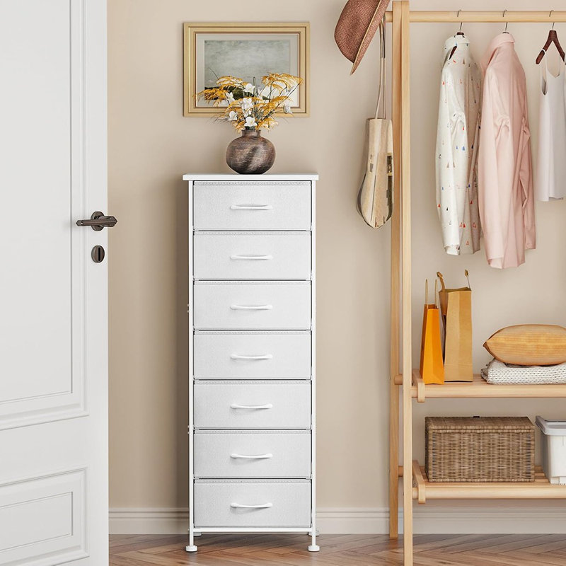 Tall Dresser For Bedroom, Storage Dresser Organizer With 7 Fabric Drawers, Nightstand Furniture In Closet, Entryway, Hallway,White