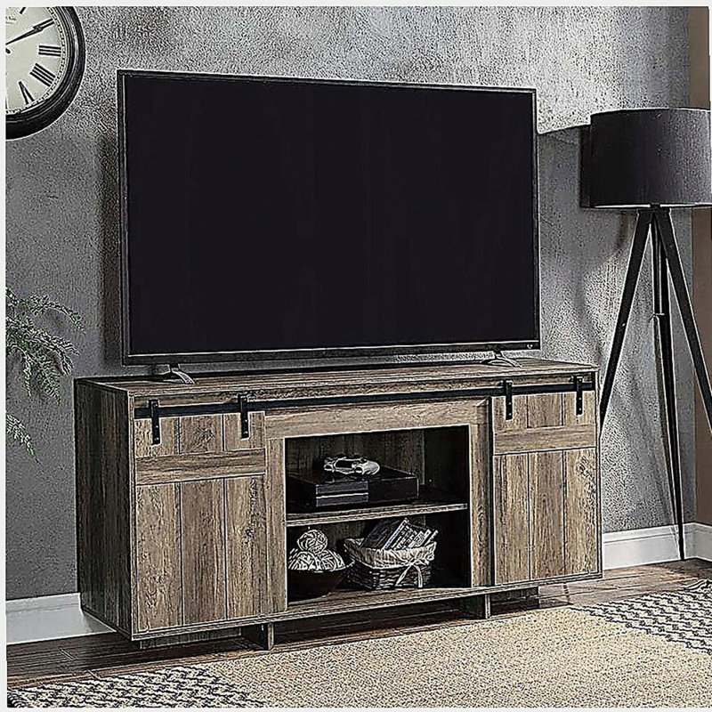 Meuble télé gris blanchi avec 2 portes de grange coulissantes