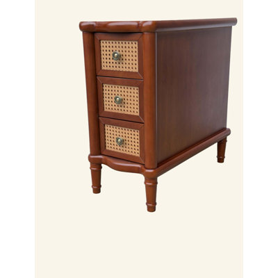 Table de bout, table de bout étroite en rotin avec 3 tiroirs, table de chevet en bois massif, table de chevet pour salon, chambre à coucher, bureau, salle de bain