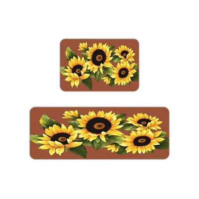 Sunflower Print Kitchen Mats for Kitchen Living Room, 2-Piece Set, Brown Yellow