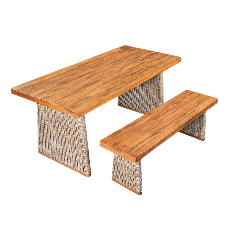 Ensemble de salle à manger d'extérieur brun en bois, conception à lattes, - pieds enveloppés, table et banc en bois à faible entretien nécessitant un abat-jour, surface pour le contrôle de l'eau, durabilité fiable fabriquée à la main