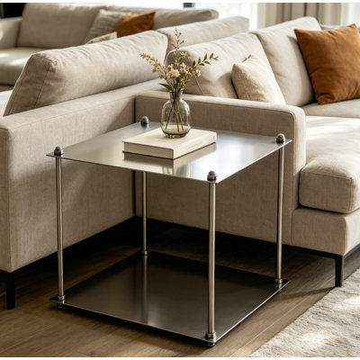 Table d'appoint industrielle carrée en acier inoxydable, table de bout ouverte à 2 niveaux pour le coin salon du canapé de la chambre à coucher