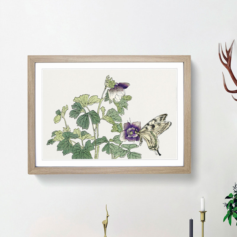 Butterfly on a Purple Flower by Morimoto Toko - Picture Frame Graphic Art Print, Oak Framed, 48cm H x 65cm W x 2cm D