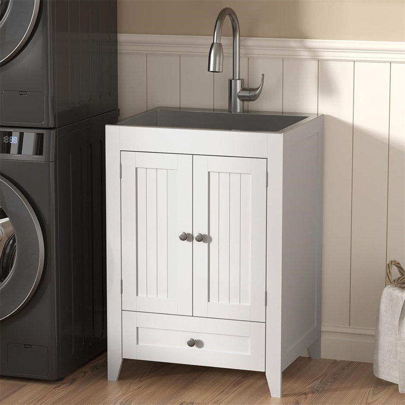 24-Inch Laundry Sink With Cabinet And Pull-Out Sprayer Faucet, White