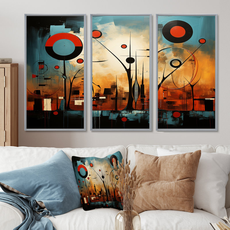 Vision urbaine urbaine, bleu, rouge, orange, ensemble d'art mural africain, Encadrement argenté, H 28 po x l 36 po x P 1 po