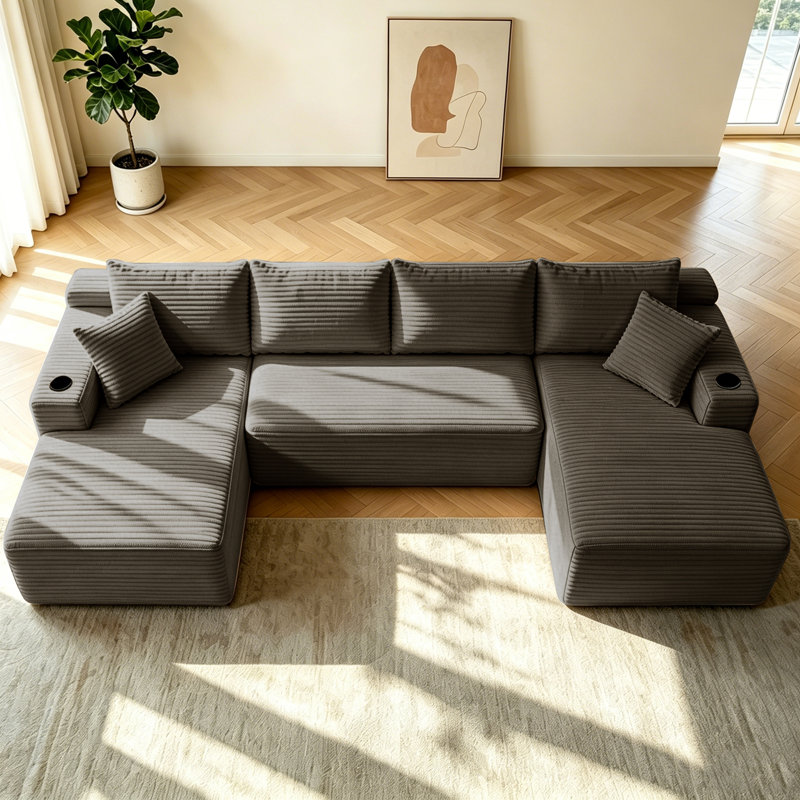 Canapé modulaire 133 po avec méridienne en U, poches latérales et porte-gobelet 133 po, conception modulaire moderne, assise profonde, canapé rembourré, aucun assemblage requis