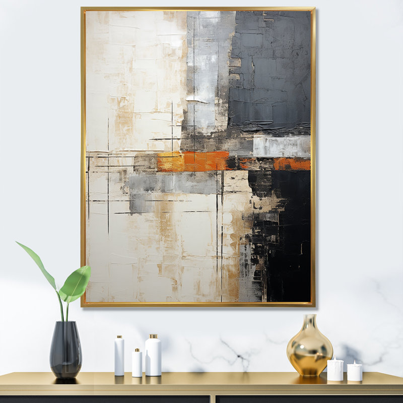 Abstrait, collage de route gris beige I - Collages abstraits, reproductions d'art mural, Cadre flottant doré