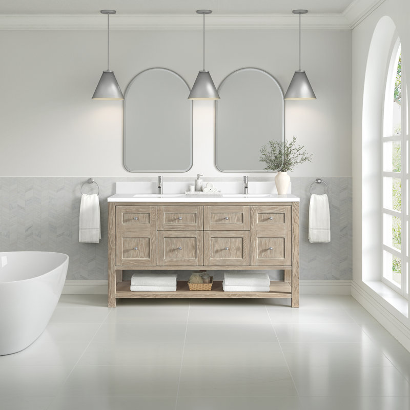 Breckenridge 60'' W Double Vanity, Whitewashed Oak, White Zeus, Single Hole