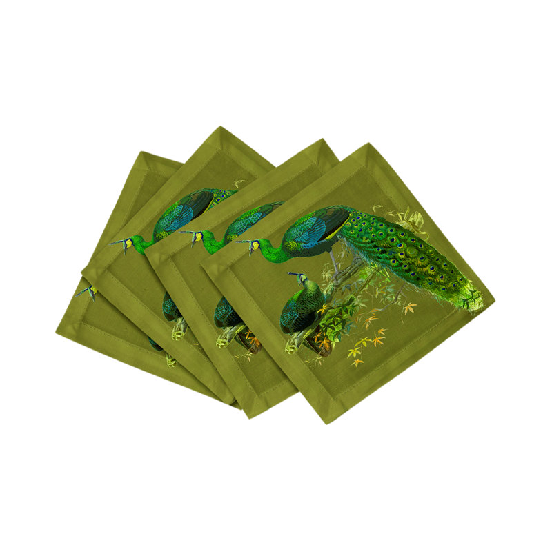 Family Pheasants Cotton Sateen Cocktail Napkins, Olive
