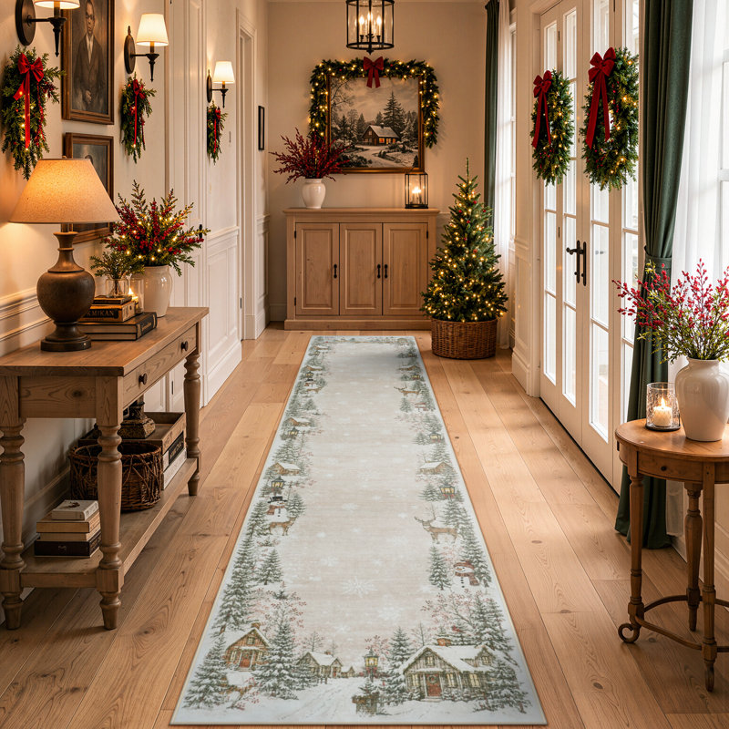 Tapis de Noël Snowy Village, Beige, Runner 2' x 10'