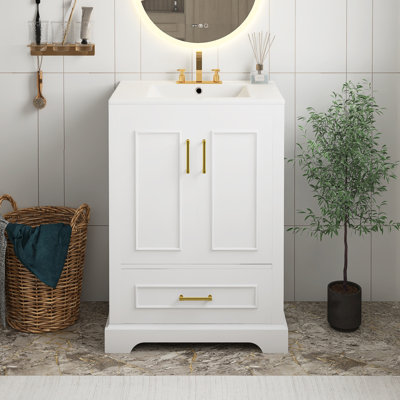 Meuble-lavabo blanc 24 po avec lavabo, armoire en panneau de fibres à densité moyenne avec cadre en bois massif, 1 tiroir divisé et 2 portes à fermeture douce avec double tablette sur la porte