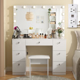 Greyden Makeup Vanity with Large Lighted Mirror, 7 Drawers and Outlets, Stool Included, for Bedroom