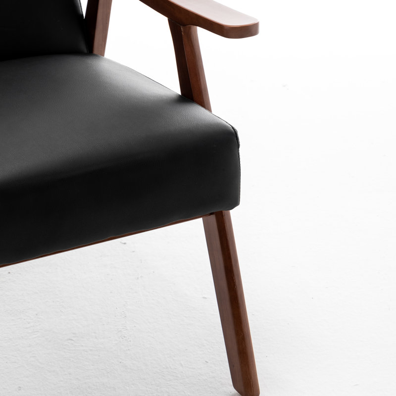 Fauteuil d'appoint moderne en bois massif, de style milieu du siècle, avec dossier, revêtement en cuir PU noir, idéal pour la chambre, le salon ou un coin lecture. Pieds enveloppants, revêtement en cuir, décoration intérieure, montage rapide inclus.