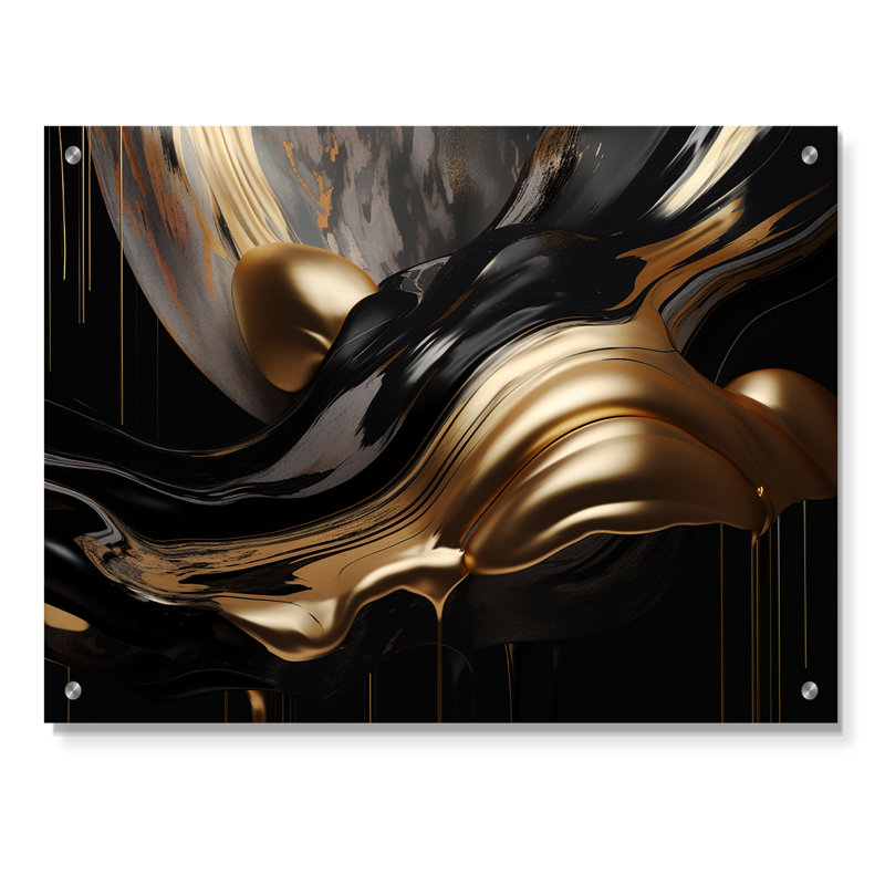Marbre captivant doré et noir II - Art abstrait acrylique sur verre marbré, H 12 po x l 20 po