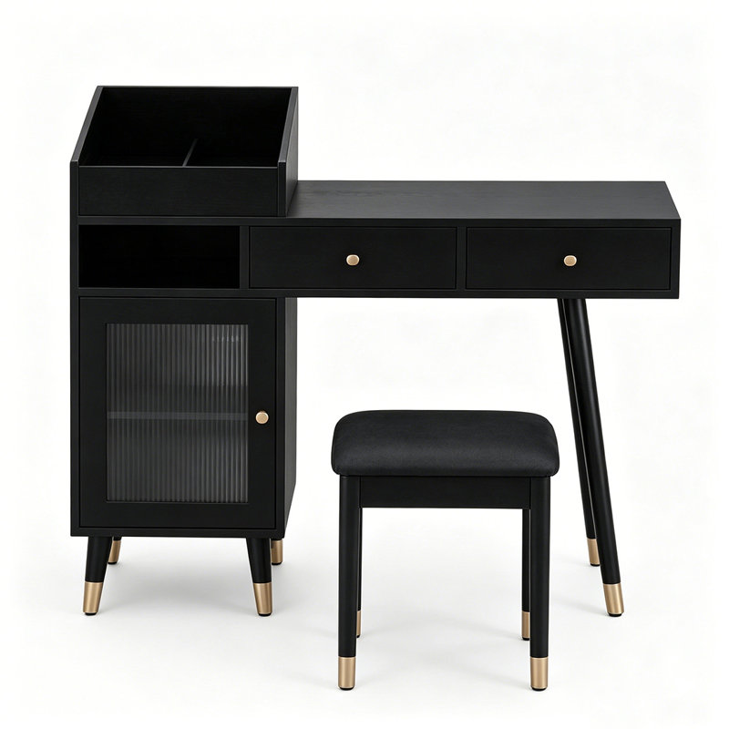  Ensemble de coiffeuse moderne avec tiroirs, armoire et port de charge, ensemble de coiffeuse avec tabouret pour petits espaces, noir