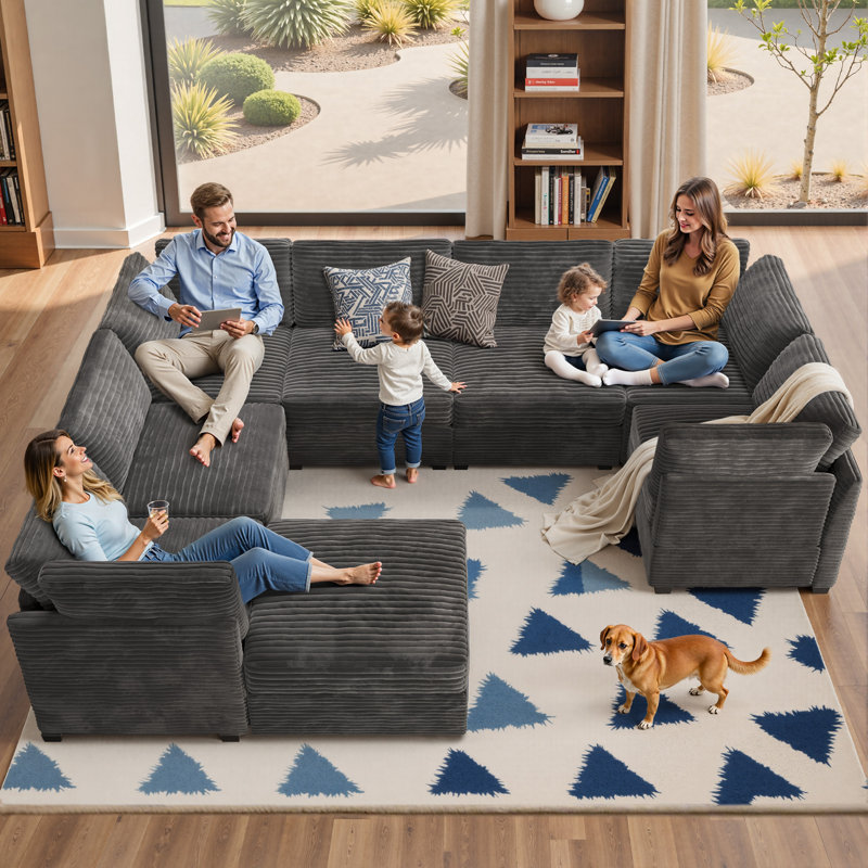 Hogle Modular Plush Corduroy U-Shaped Sectional, Gray Corduroy