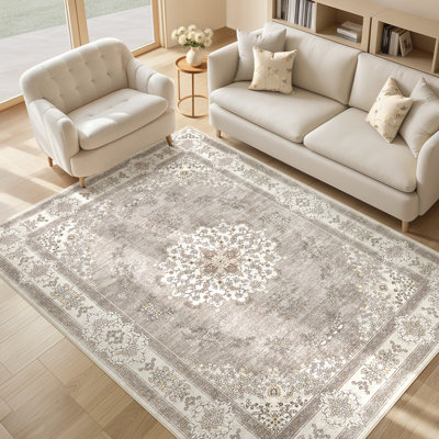 Washable Boho Large Neutral Vintage Soft Rug Stain Resistant Distressed Farmhouse Non-Slip Indoor Floor Carpet for Bedroom Nursery Kids Office Dining Room