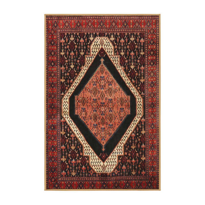 Tapis noir/ivoire/rouge traditionnel Oyama, Rectangle 2 pi x 3 pi
