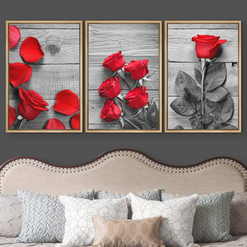 Décoration murale moderne de roses noires et blanches avec une touche de couleur rouge, H 24 po x l 48 po
