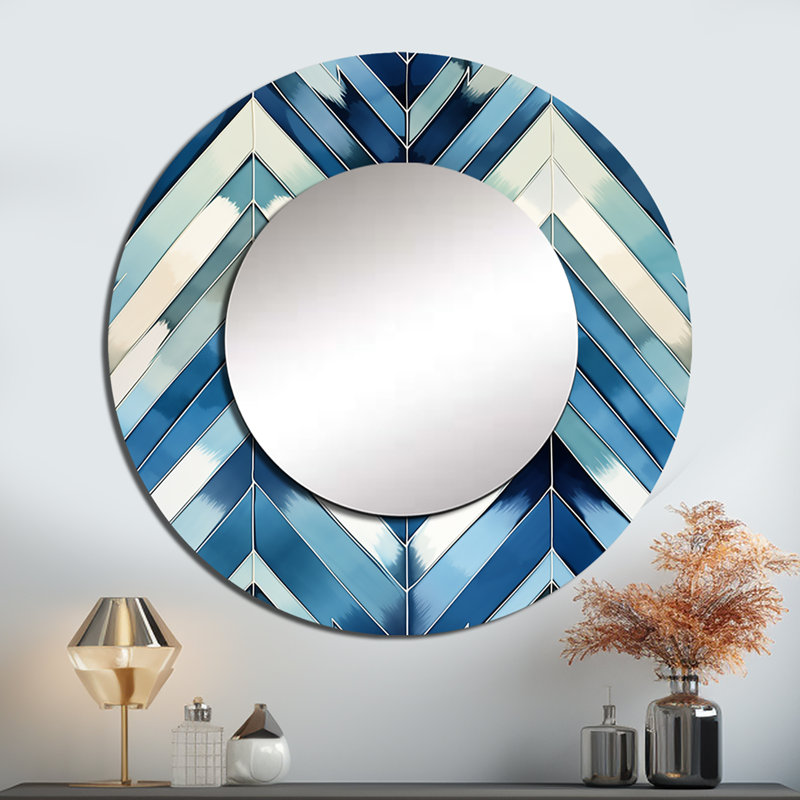 Vintage Cobalt Blue White Chevron Geometric - chevron  Decorative Mirror, Blue Round Wall Mirror, Printed Metal Art