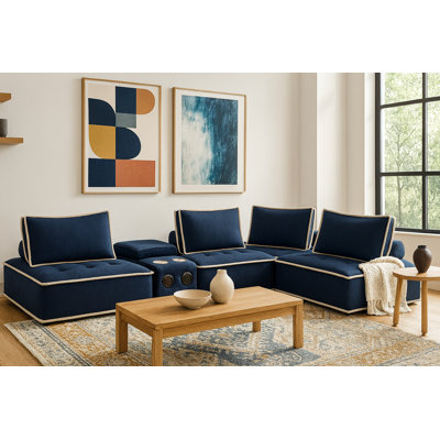 Canapé modulaire 5 pièces Sunset Trading Pixie | Canapé modulaire en L | Supports de porte-gobelets de rangement USB Bluetooth | Tissu bleu marine et crème