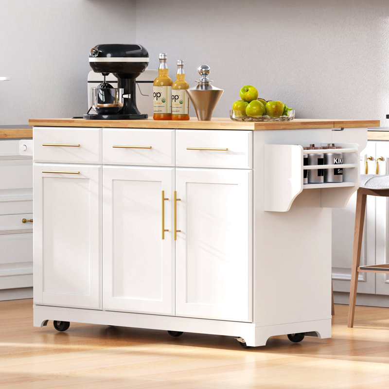 Îlot de cuisine 59,3 po K&K avec rangement 2 armoires coulissantes et abattant en bois d'hévéa, îlot de cuisine roulant avec rangement pour poubelle, prise de courant, support à épices et à serviettes pour la cuisine, la salle à manger, blanc