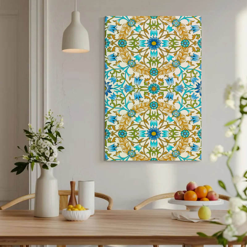 Toile encadrée à motif floral victorien orné - reproduction de tapisserie botanique classique bleue et dorée - décoration murale traditionnelle 24 x 36